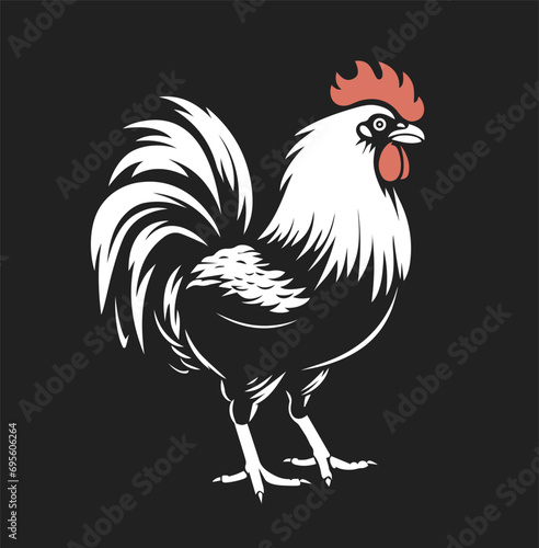 Rooster graphic design logo. Grunge label, sticker for the farms and manufacturing depicting roster. Grunge label for the chicken product. Farm painting. Cockerel. Vector