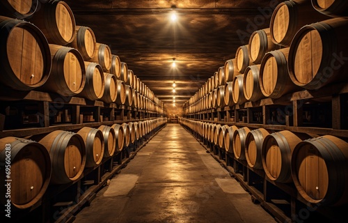 Wine Barrels in a Wine Cellar Generative AI