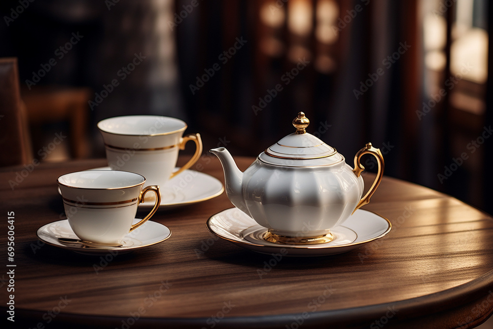 An elegant porcelain tea set mockup on a vintage wooden table, with a traditional and refined setting.