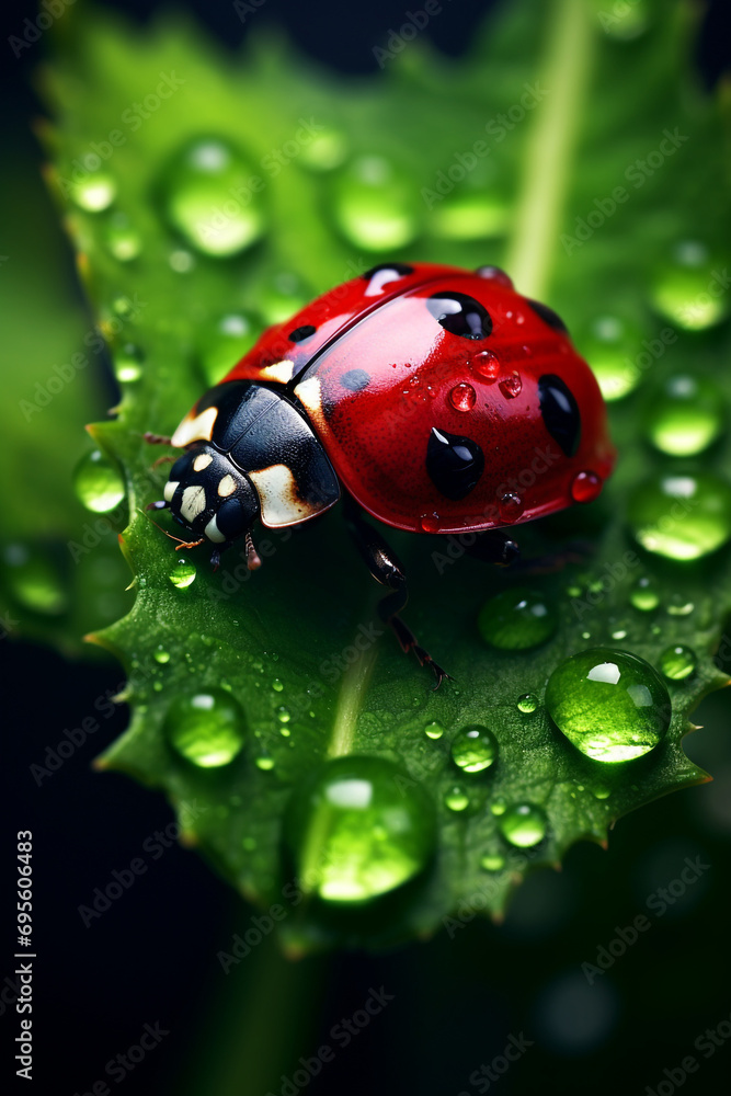 a mesmerizing close-up of a vibrant ladybug perched delicately on a dew-covered leaf created with Generative Ai a mesmerizing close-up of a vibrant ladybug perched delicately on a dew-covered leaf created with Generative Ai