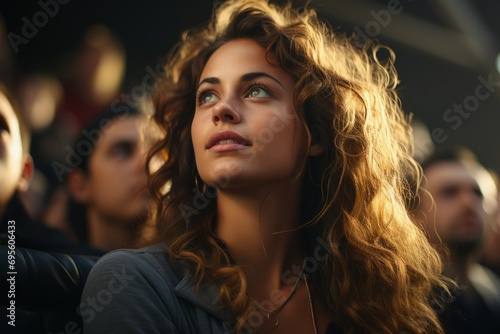 Aspiring Gaze: Young woman looking up, her expression mingling hope and anticipation among a crowd.