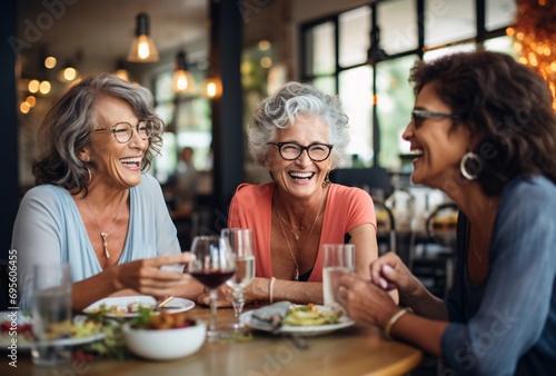 Three Women Smiling and Laughing at a Restaurant Generative AI