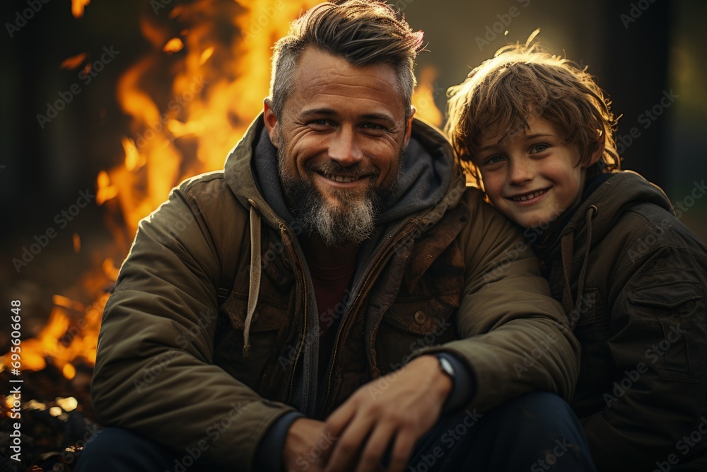 Warmth of Bonding: Father and son share a joyful moment by a campfire, reflecting familial warmth and a close bond in nature.