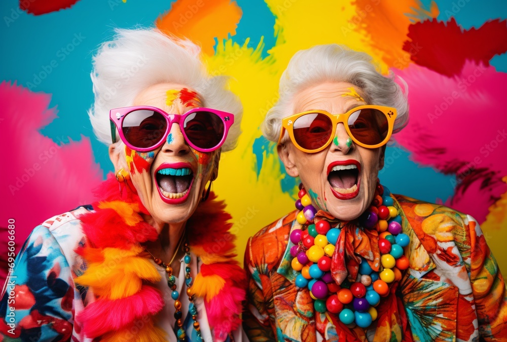 Two Elderly Women with Sunglasses and Colorful Necklaces Generative AI Two Elderly Women with Sunglasses and Colorful Necklaces Generative AI