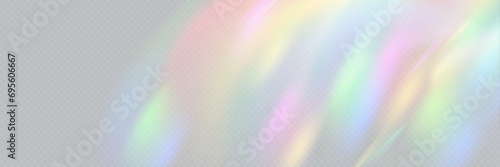 Rainbow light prism effect, transparent background. Hologram reflection, crystal flare leak shadow overlay. Vector illustration of abstract blurred iridescent light backdrop. photo