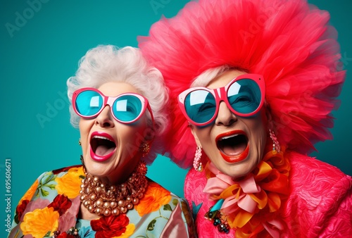 Two Elderly Women Wearing Pink Sunglasses and Flowered Outfits Generative AI