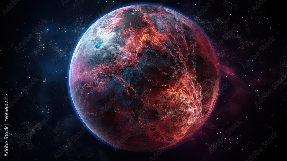  a close up of a red and blue planet in a space filled with stars and a star dusty background.