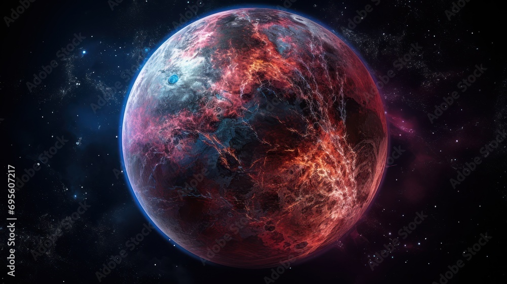  a close up of a red and blue planet in a space filled with stars and a star dusty background.