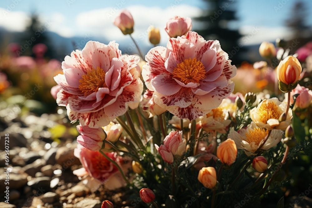 Vibrant Peonies in Bloom: A close-up of pink and yellow peonies, conveying the fresh beauty and vibrancy of springtime flora. Vibrant Peonies in Bloom: A close-up of pink and yellow peonies, conveying the fresh beauty and vibrancy of springtime flora.
