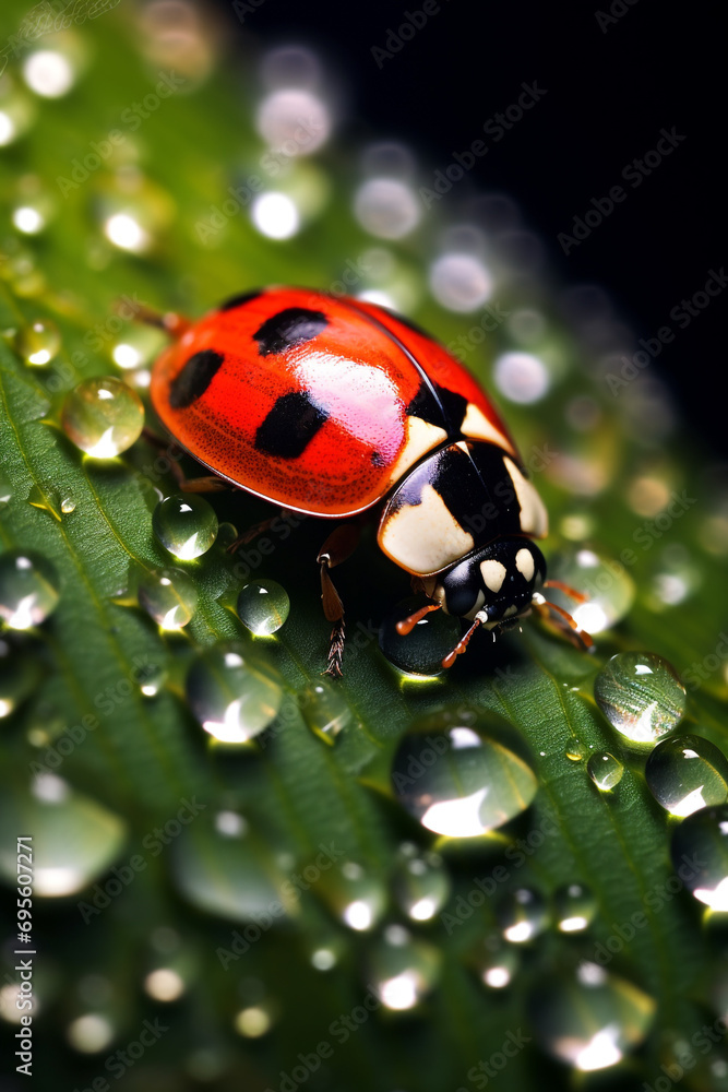 a mesmerizing close-up of a vibrant ladybug perched delicately on a dew-covered leaf created with Generative Ai a mesmerizing close-up of a vibrant ladybug perched delicately on a dew-covered leaf created with Generative Ai