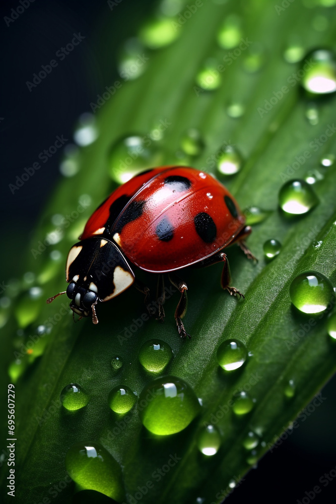 a mesmerizing close-up of a vibrant ladybug perched delicately on a dew-covered leaf created with Generative Ai a mesmerizing close-up of a vibrant ladybug perched delicately on a dew-covered leaf created with Generative Ai
