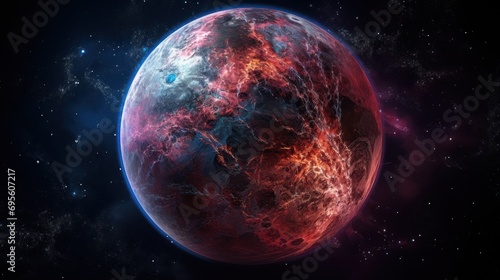  a close up of a red and blue planet in a space filled with stars and a star dusty background.