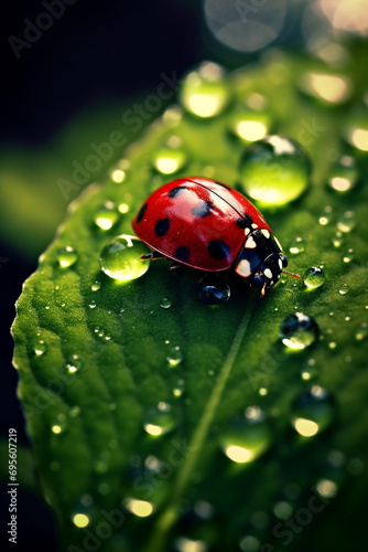 a mesmerizing close-up of a vibrant ladybug perched delicately on a dew-covered leaf created with Generative Ai