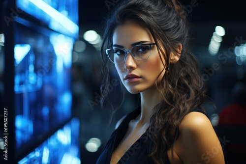 Intense Woman with Glasses: A powerful portrait of a woman in glasses, her gaze sharp against a neon backdrop, evoking sophistication and focus.