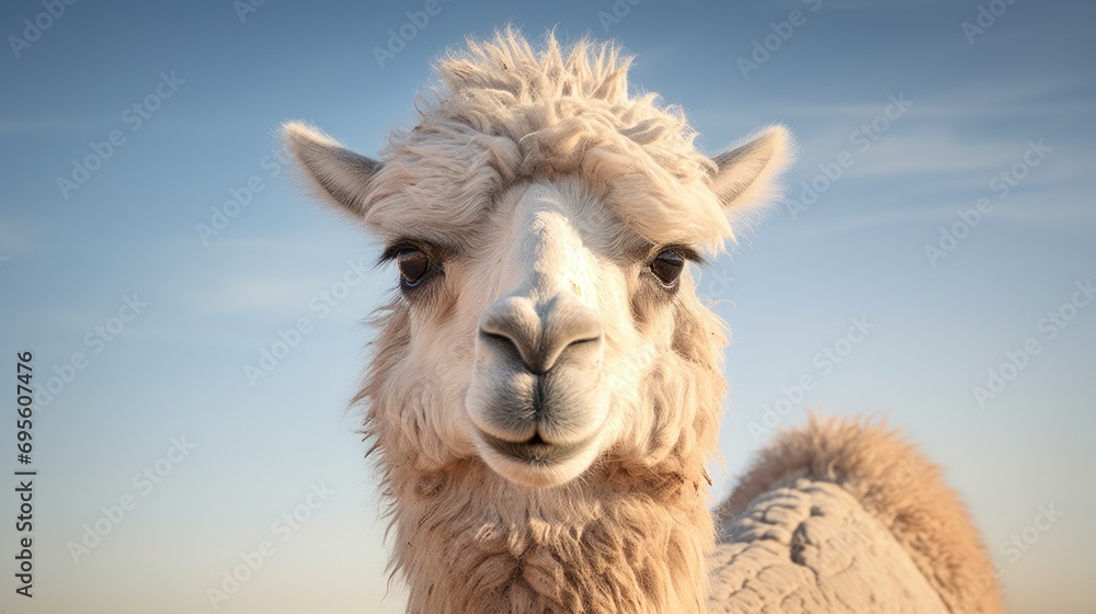  a close - up of a llama's face with a blue sky in the backgrouund.