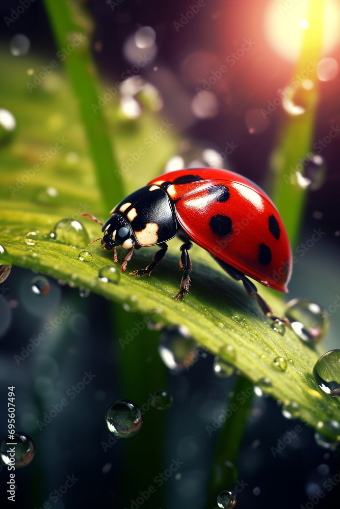 a mesmerizing close-up of a vibrant ladybug perched delicately on a dew-covered leaf created with Generative Ai a mesmerizing close-up of a vibrant ladybug perched delicately on a dew-covered leaf created with Generative Ai