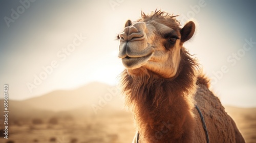  a close up of a camel's face with a mountain in the back ground and a blue sky in the background. photo