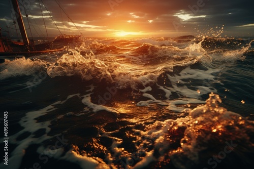  Vivid seascape, sun's fiery glow on waves, sense of adventure, nature's power and serenity.