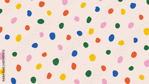 Colorful polka dot abstract pattern on beige background. Contemporary childish doodle design. Vector circle confetti backdrop. Fun simple festive banner template