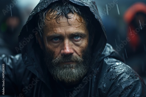 "Weathered man in rain, portraying resilience and the enduring human spirit against life's challenges."