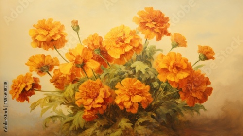  a painting of a bunch of orange flowers in a vase on a table with a white wall in the background.