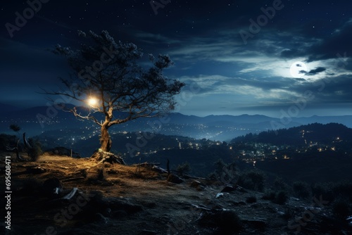 Solitary Tree in Moonlight: Lone tree hilltop, night sky, serene landscape, tranquil solitude, nature's nightwatch.