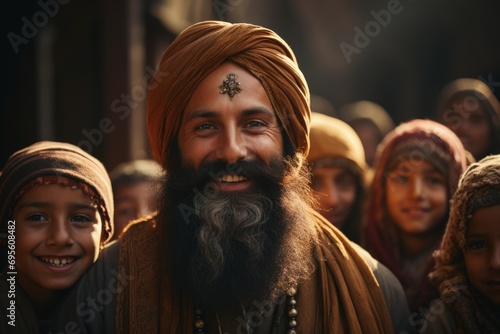 Cultural Smile: Happy man with traditional turban surrounded by children, cultural joy, community, and warmth.