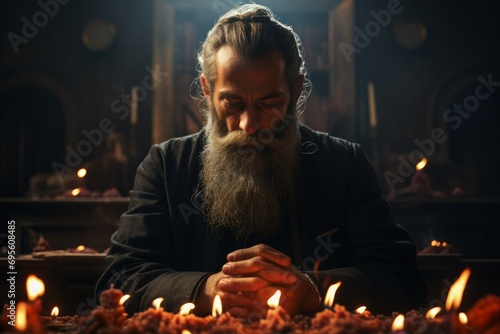 Meditative Prayer: Man in deep meditation among candles, spiritual devotion, peaceful prayer, serene religious practice.