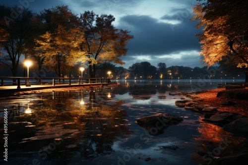 Twilight Park Reflections: Serene park at dusk, reflective water, autumn tranquility, glowing lights, peaceful evening. © ZenOcean_DigitalArts