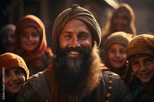 Joyful Cultural Gathering: Beaming man with group, shared happiness, traditional attire, cultural pride, familial warmth.