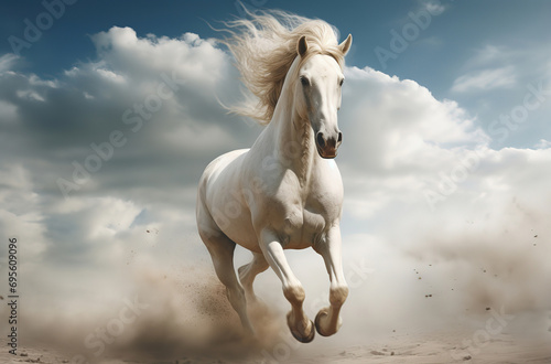 elegance wild white horse running with dust blow in windy wasteland landscape, powerful healthy white horse, Generative Ai