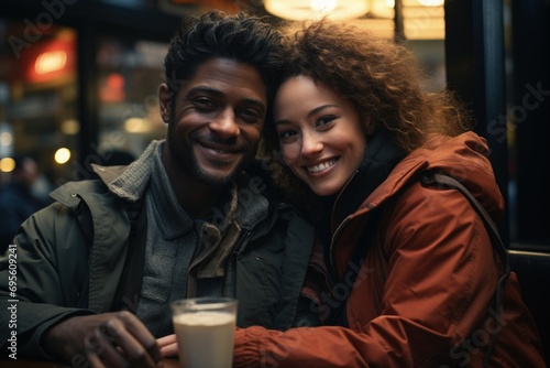 Couple Enjoying Cozy Coffee Date - Intimate connection, shared joy, concept of romance and urban leisure.