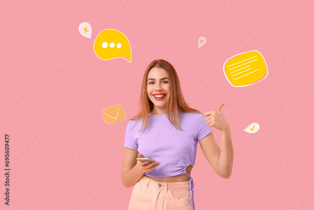 Happy young woman with mobile phone chatting online on pink background Happy young woman with mobile phone chatting online on pink background