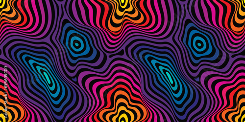 Vector fluid curved lines seamless pattern. Abstract striped background, dynamical ripple surface, 3D visual effect, illusion of movement, flow, lava. Retro 1980s - 1990s fashion style, neon colors photo