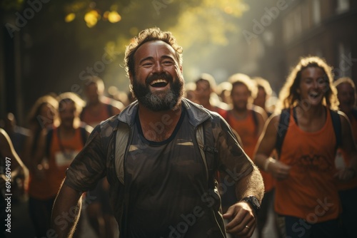 Joyful Marathon - A beaming man runs amidst a crowd, embodying the exuberance and collective spirit of a marathon.