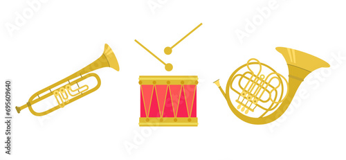 Set of musical brass and percussion instruments: trumpet, french horn, drum. Vector illustration on white isolated background.