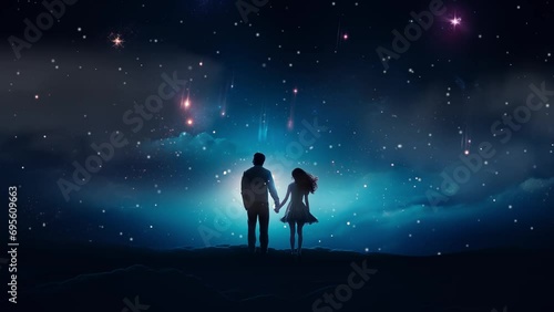 a young couple watch falling star in night, romantic moment video background