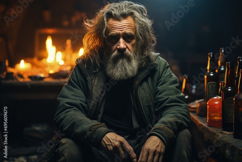 Weary Soul - A rugged man with a deep gaze sits in contemplation, his face reflecting life's hardships and a story untold.