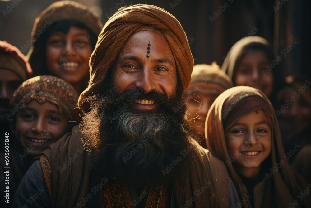 Joyful Gathering - A bearded man with a turban smiles warmly surrounded by happy children, radiating joy, unity, and a sense of community. Joyful Gathering - A bearded man with a turban smiles warmly surrounded by happy children, radiating joy, unity, and a sense of community.