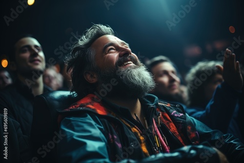 Joy in the Audience - A bearded man laughing heartily in a movie theater, capturing the infectious joy and shared human experience of entertainment.