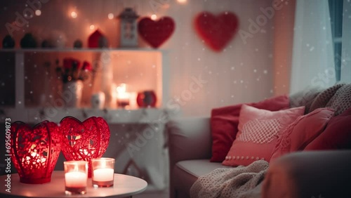 Elegant interior with a sofa, red flowers and red hearts in a white room with a large window.