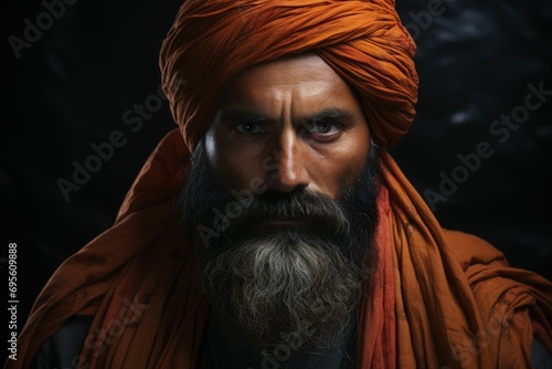 Turbaned Man with Intense Gaze - A man with a turban exudes a strong presence and deep wisdom, suggesting a story of cultural depth and dignity.