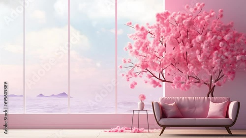 Modern sofa and big plastic tree in vase in front of pink wall, minimal design and architecture. Calm relax, Saint Valentine, pink ambient 