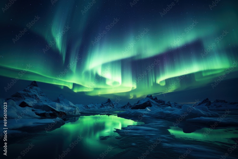 Aurora Borealis Majesty: The Northern Lights dance over a glacial landscape, embodying the awe-inspiring power of nature’s phenomena.