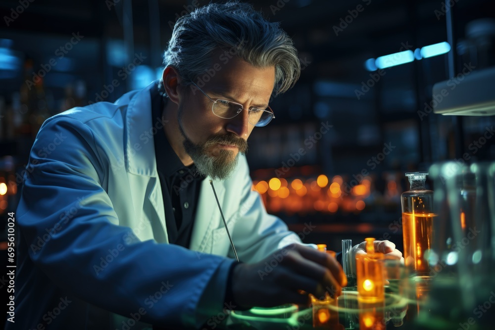 Diligent Scientist at Work: An engaged scientist with grey hair and glasses conducts an experiment, a symbol of dedication and discovery. Diligent Scientist at Work: An engaged scientist with grey hair and glasses conducts an experiment, a symbol of dedication and discovery.