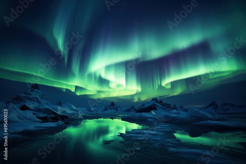 Aurora Borealis Majesty: The Northern Lights dance over a glacial landscape, embodying the awe-inspiring power of nature’s phenomena. © ZenOcean_DigitalArts
