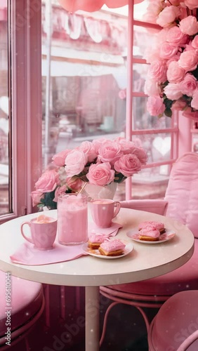 Romantic Valentine's Ensemble - happy Valentines Day background in cafe with cup of coffee, pink roses and sweets