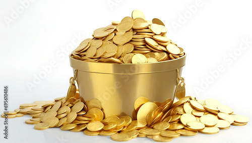 A group of gold coin full fill in golden ware bowl with beautiful leaf pattern stock photo Generative Ai photo
