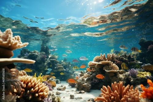 Underwater Coral Paradise: A vivid coral reef teeming with marine life under clear blue water invites exploration and conservation.