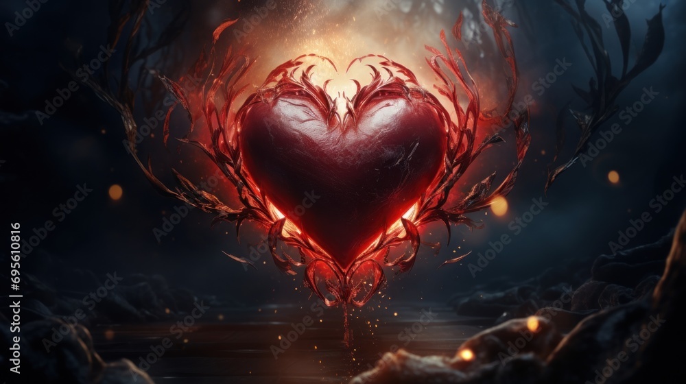  a heart shaped object in the middle of a dark forest with fire coming out of the center of the heart.